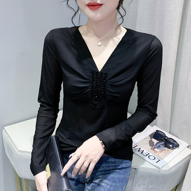 Áo Thun Tay Dài Cổ Chữ v Phối Lưới In Họa Tiết Da Báo Phong Cách Châu Âu Thời Trang Mùa Thu 2023