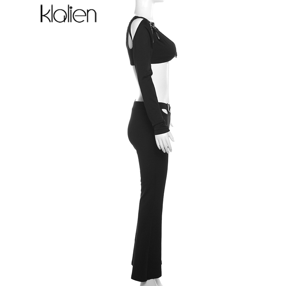 Klalien Set Áo Thun Dài Tay Và Quần Dài Lưng Cao Phong Cách Châu Âu Mới