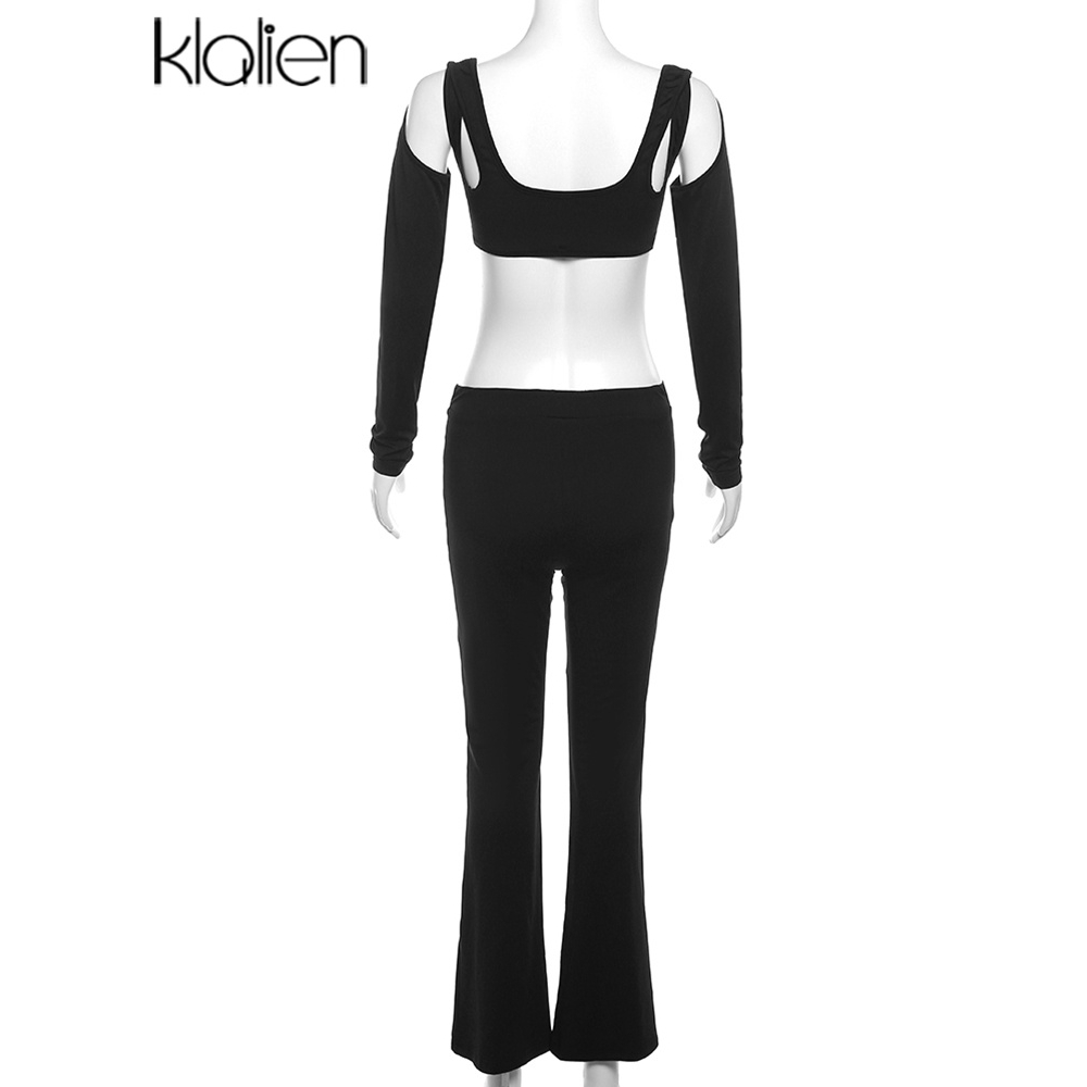 Klalien Set Áo Thun Dài Tay Và Quần Dài Lưng Cao Phong Cách Châu Âu Mới