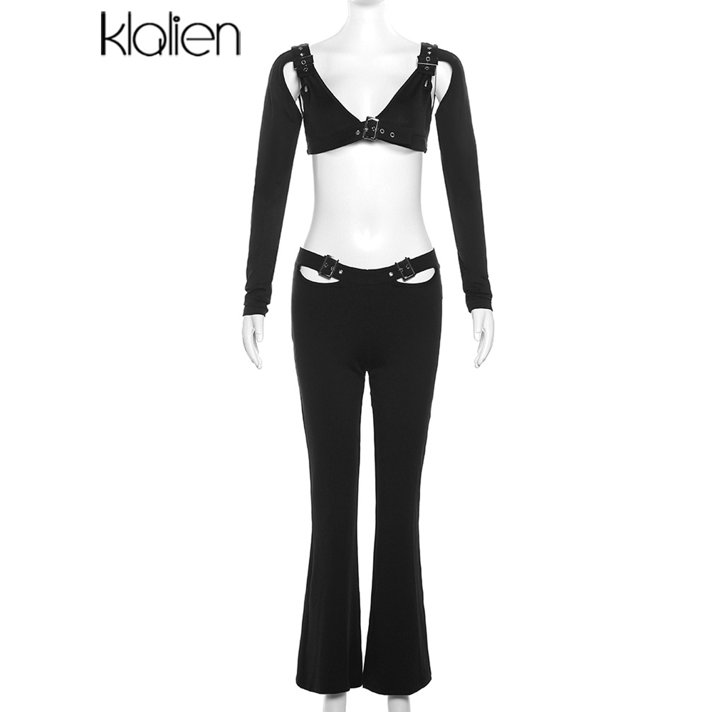 Klalien Set Áo Thun Dài Tay Và Quần Dài Lưng Cao Phong Cách Châu Âu Mới