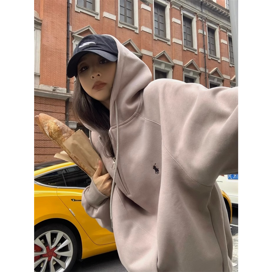 Áo khoác nữ có mũ trùm đầu màu xám 2023 phong cách mới mùa xuân thu lót lông cừu dày áo khoác đầu lỏng lẻo hot-bán thời trang thời trang tren