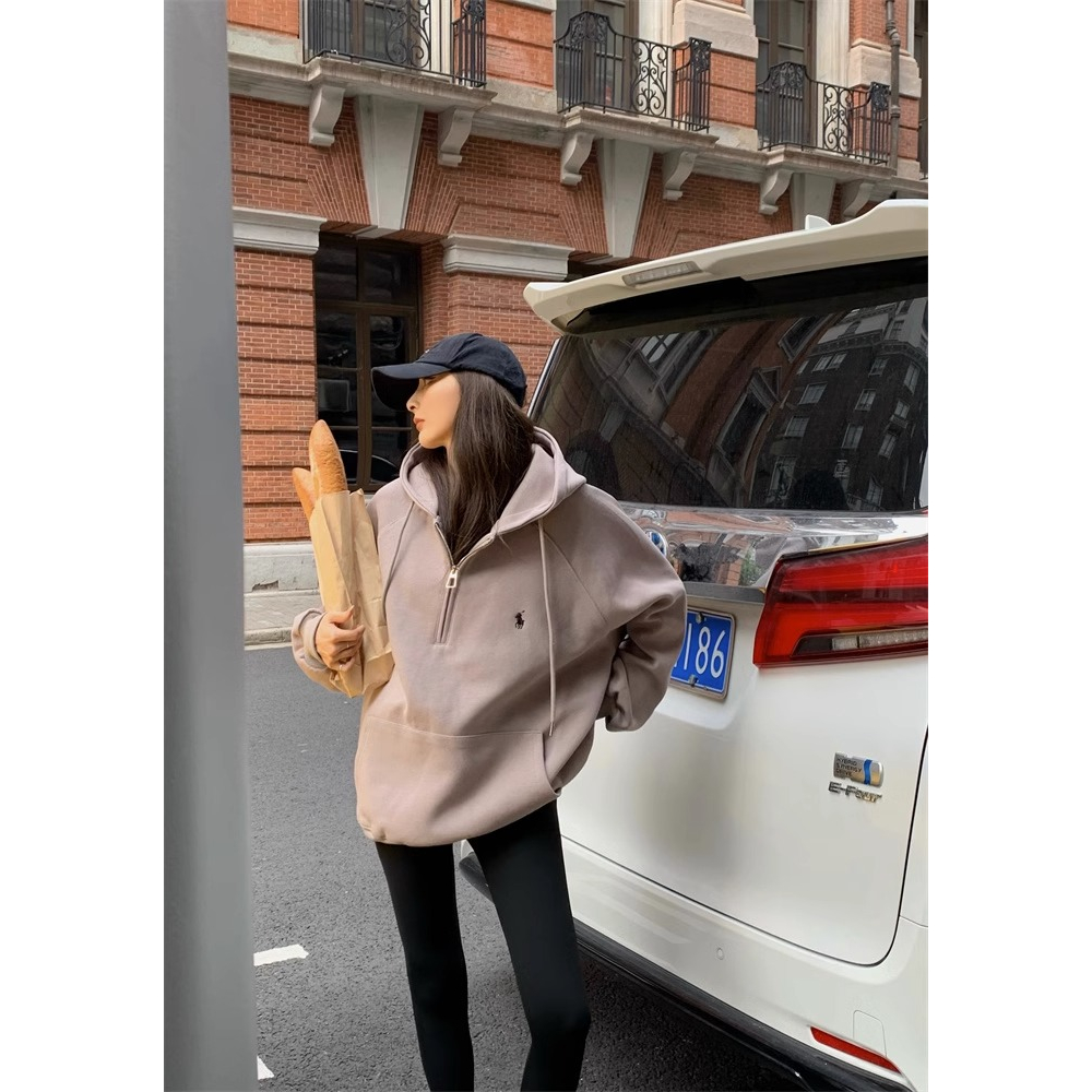 Áo khoác nữ có mũ trùm đầu màu xám 2023 phong cách mới mùa xuân thu lót lông cừu dày áo khoác đầu lỏng lẻo hot-bán thời trang thời trang tren