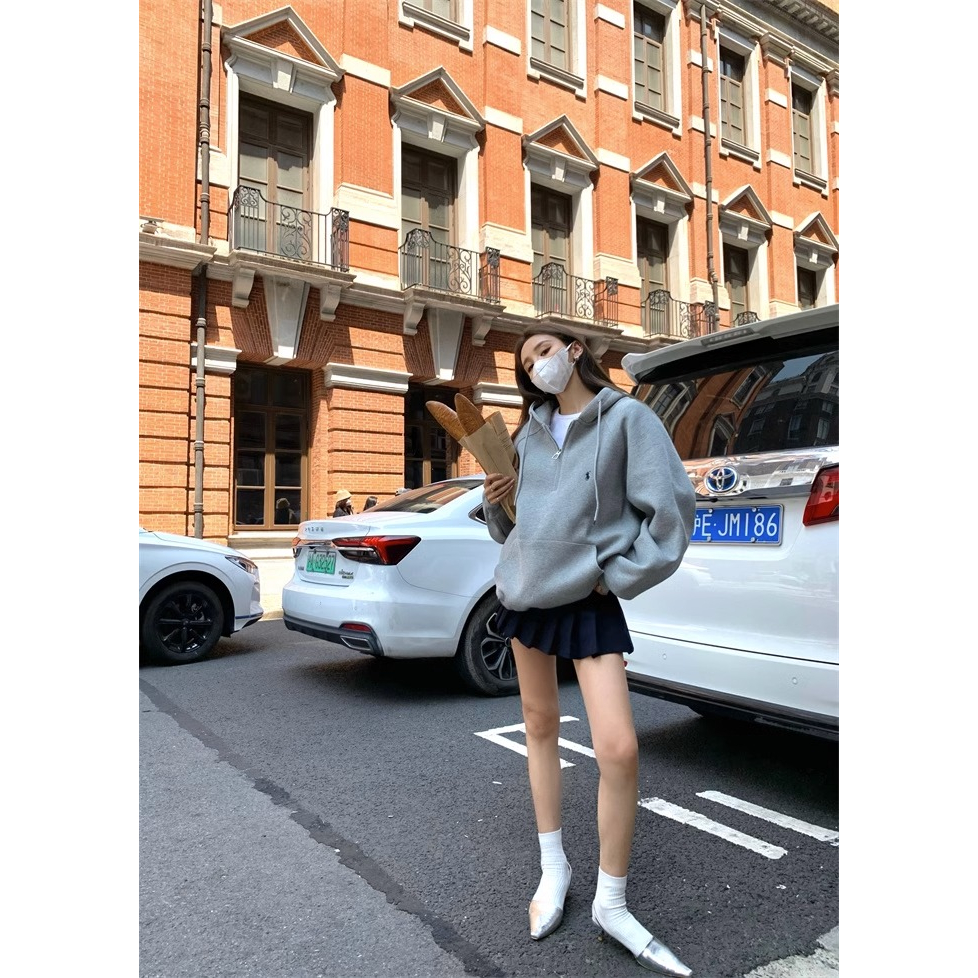 Áo khoác nữ có mũ trùm đầu màu xám 2023 phong cách mới mùa xuân thu lót lông cừu dày áo khoác đầu lỏng lẻo hot-bán thời trang thời trang tren