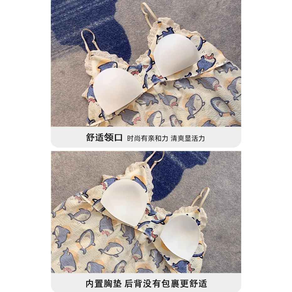 Đầm ngủ FDS dáng dài rộng có đệm ngực họa tiết hoạt hình dễ thương thời trang cho nữ