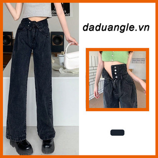 Quần jean DADUHEY ống rộng lưng cao phối nhiều nút size lớn thời trang retro cho nữ