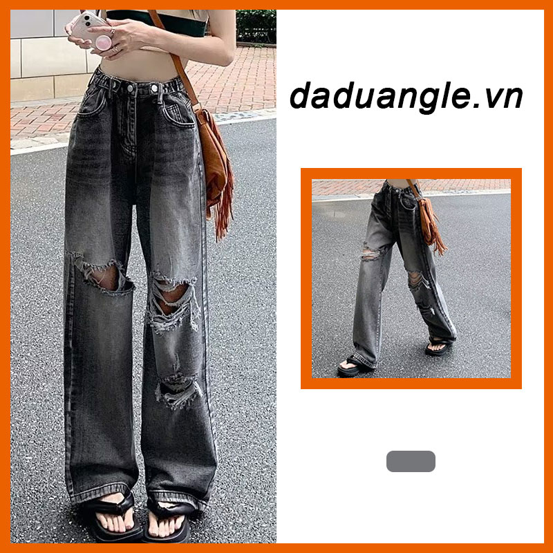 Daduhey Quần jeans dài ống rộng lưng cao khoét lỗ phong cách trẻ trung pha cổ điển thời trang Hàn Quốc
