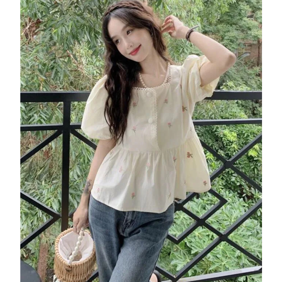 Áo Kiểu Tay Ngắn Cổ Vuông Xếp Ly Phối Ren Phong Cách Hàn Quốc Xinh Xắn