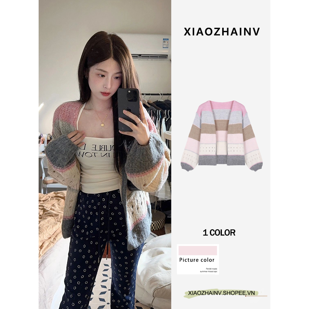 Xiaozhainv Áo Khoác cardigan Dệt Kim Tay Dài Dáng Rộng Khoét Lỗ Màu Tương Phản Thời Trang Mùa Thu Hàn Quốc Cho Nữ