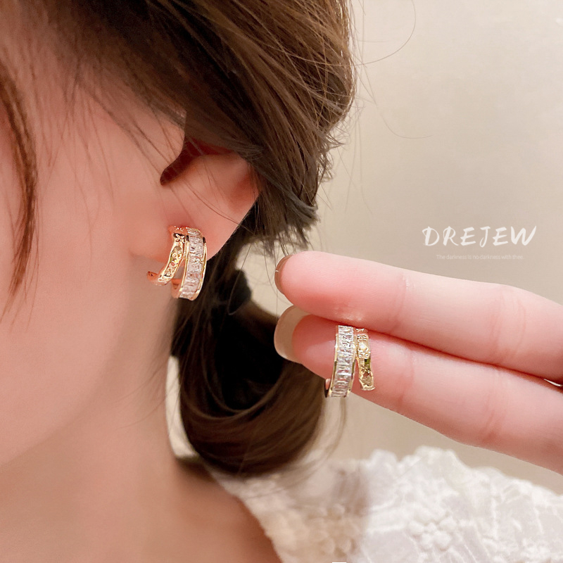 Bông Tai Mạ Bạc 925 Hai Lớp Đính Đá zircon Kiểu Dáng Hình Học Đơn Giản Thời Trang Cho Nữ