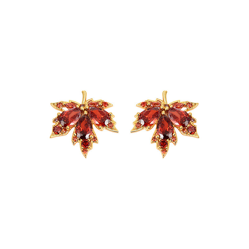 Hoa Tai Dáng Dài Hình Lá Phong Đính Đá zircon Đỏ Phong Cách vintage Pháp