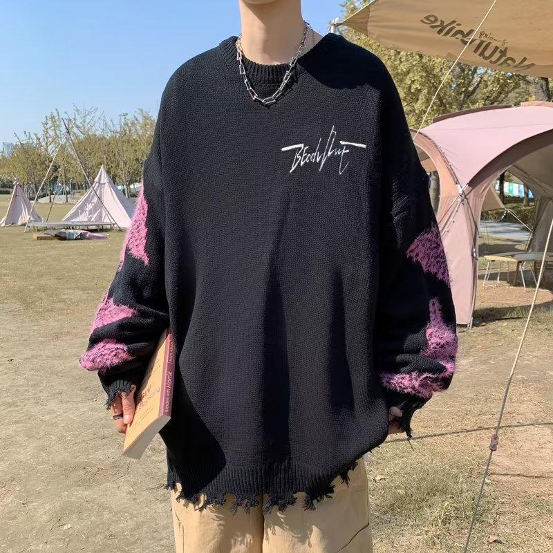 ✦AFFLIGA✦ Áo sweater dệt kim AFFLIGA thêu chữ và bướm phong cách đường phố Hàn Quốc thời trang cho nam