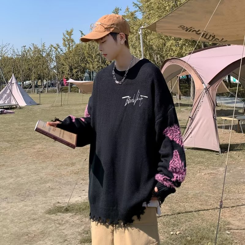 ✦AFFLIGA✦ Áo sweater dệt kim AFFLIGA thêu chữ và bướm phong cách đường phố Hàn Quốc thời trang cho nam
