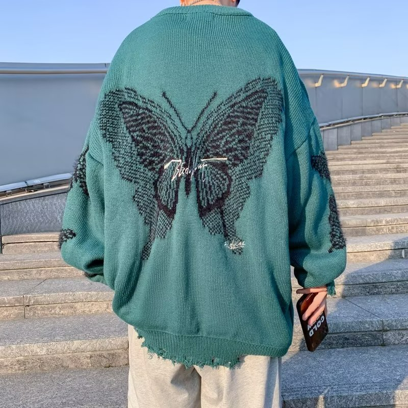 ✦AFFLIGA✦ Áo sweater dệt kim AFFLIGA thêu chữ và bướm phong cách đường phố Hàn Quốc thời trang cho nam