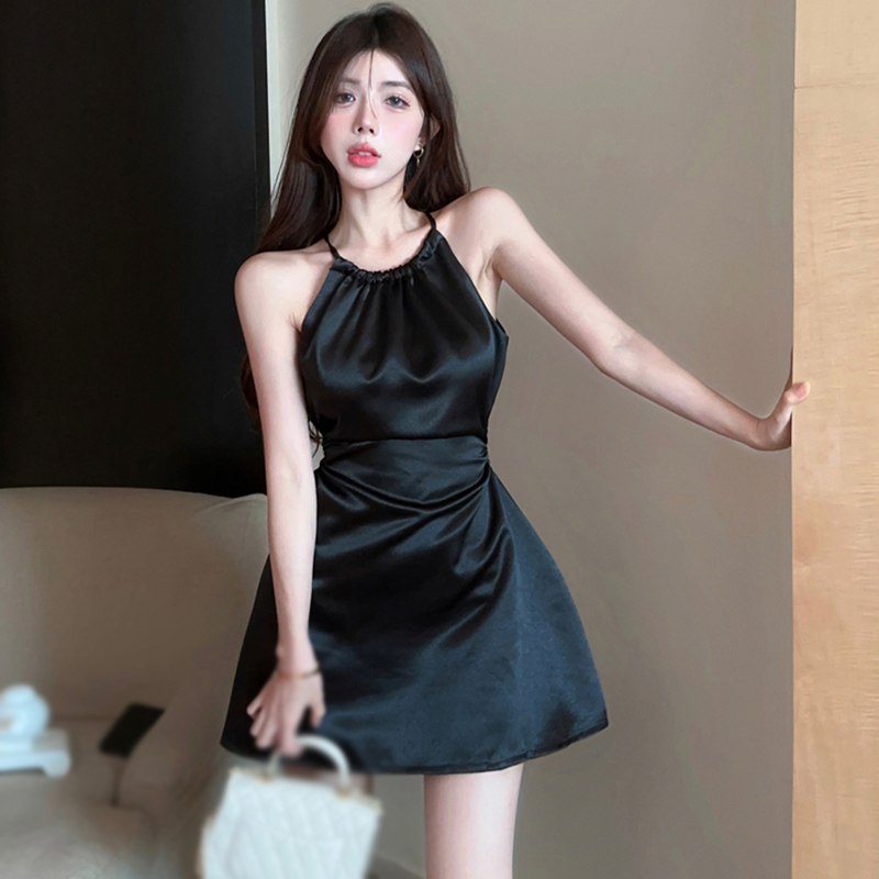 Đầm satin Không Tay Hở Lưng Màu Sắc Trơn Phong Cách Cổ Điển Quyến Rũ Dành Cho Nữ