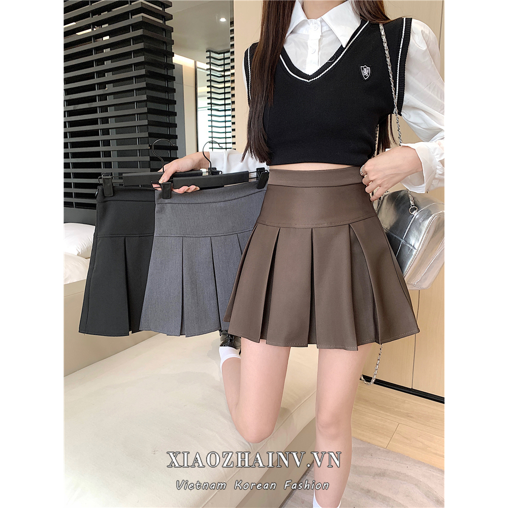Xiaozhainv Chân Váy Ngắn Xếp Li Lưng Cao 3 Màu Sắc Lựa Chọn Phong Cách retro Hàn Quốc Cho Nữ