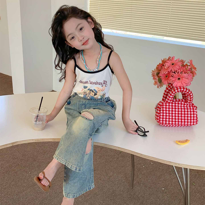 Thời Trang Quần Jean Rách Phong Cách retro Cho Bé Gái