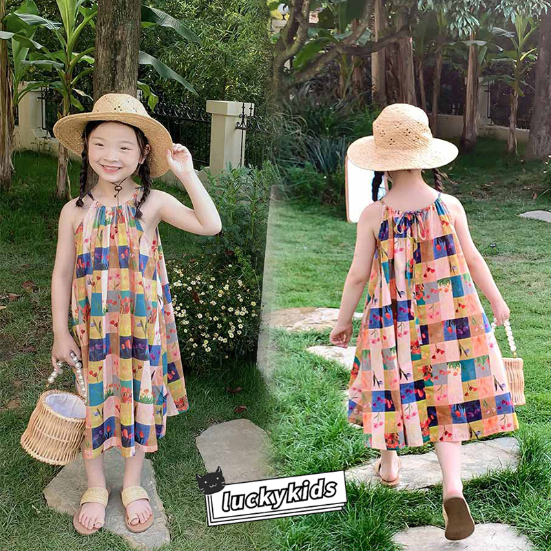 Dễ Thương Đầm Hai Dây Sát Nách Họa Tiết Hoa Thời Trang Mùa Hè Xinh Xắn Cho Bé Gái