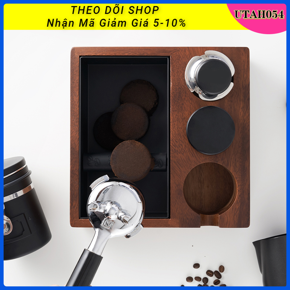 Giá đỡ bằng gỗ đỡ tay cầm pha cà phê kèm hộp đập bã - Đế đặt Tamper Bằng Gỗ Dụng cụ barista Phụ Kiện Máy Cafe Nhà Bếp【Utah054】