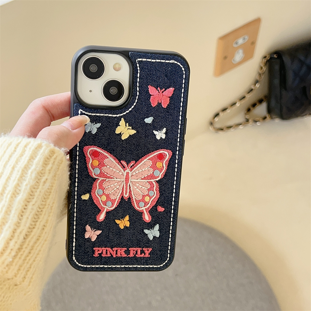 Ốp Điện Thoại tpu Mềm Họa Tiết denim Thêu Hình Bướm Cho iphone 15 pro max 14 pro max 13 pro max 12 pro