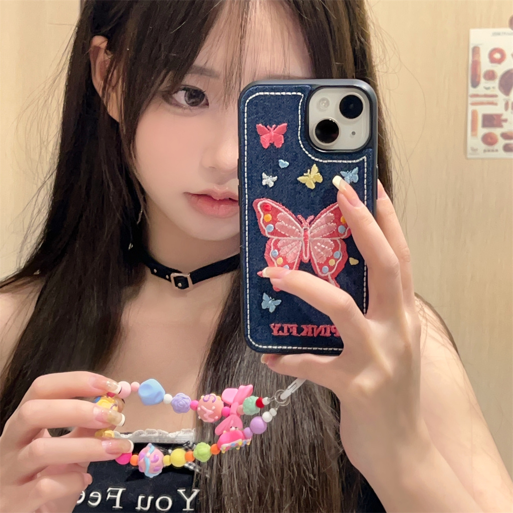 Ốp Điện Thoại tpu Mềm Họa Tiết denim Thêu Hình Bướm Cho iphone 15 pro max 14 pro max 13 pro max 12 pro