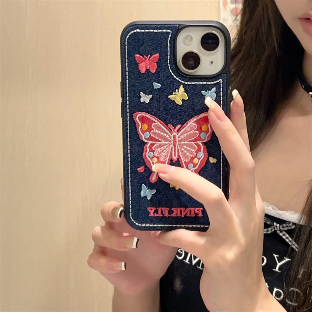 Ốp Điện Thoại tpu Mềm Họa Tiết denim Thêu Hình Bướm Cho iphone 15 pro max 14 pro max 13 pro max 12 pro