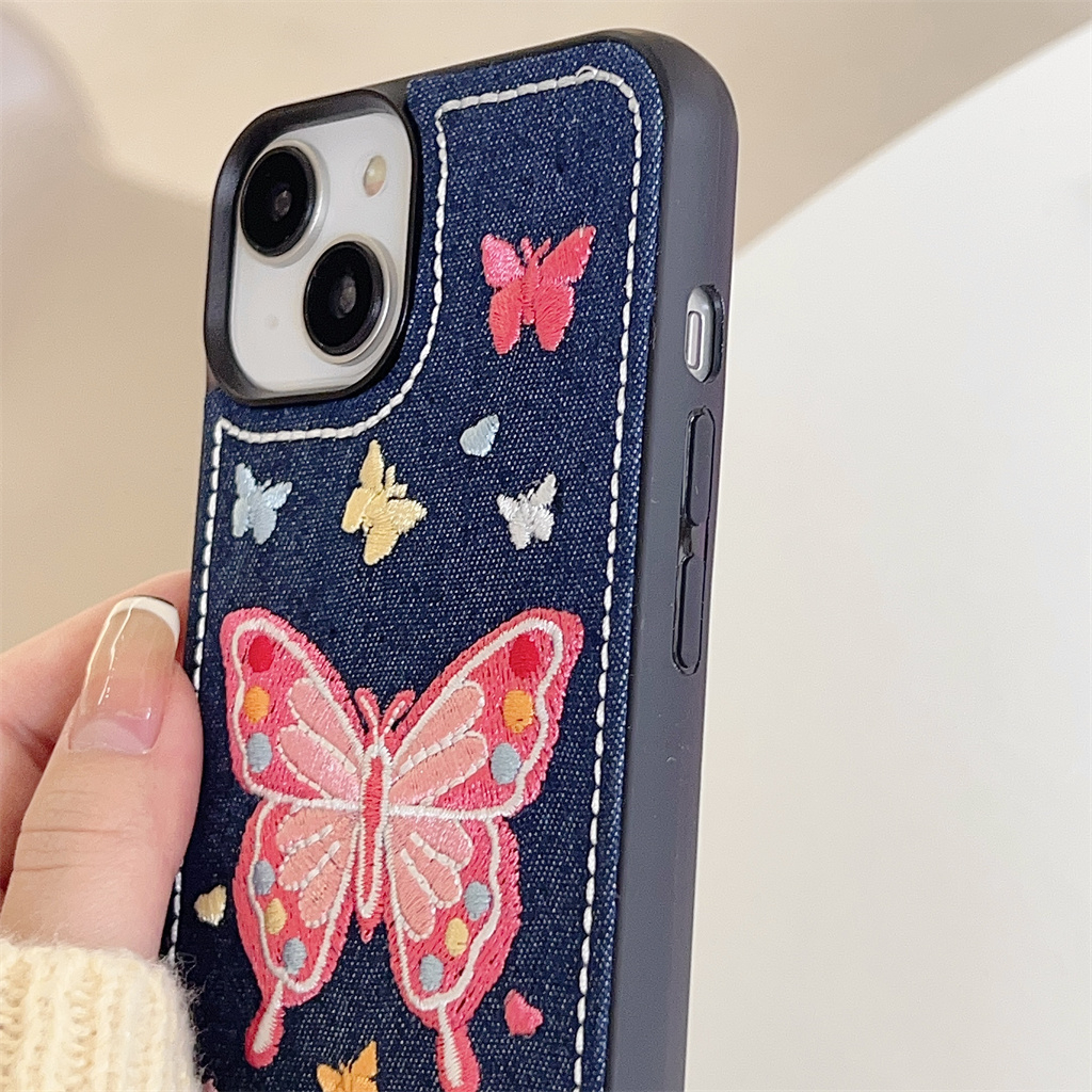 Ốp Điện Thoại tpu Mềm Họa Tiết denim Thêu Hình Bướm Cho iphone 15 pro max 14 pro max 13 pro max 12 pro