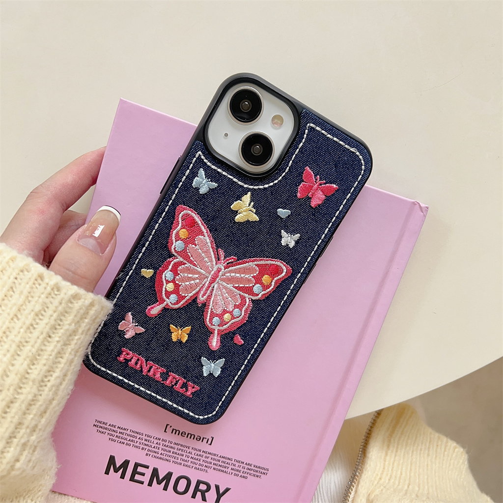 Ốp Điện Thoại tpu Mềm Họa Tiết denim Thêu Hình Bướm Cho iphone 15 pro max 14 pro max 13 pro max 12 pro