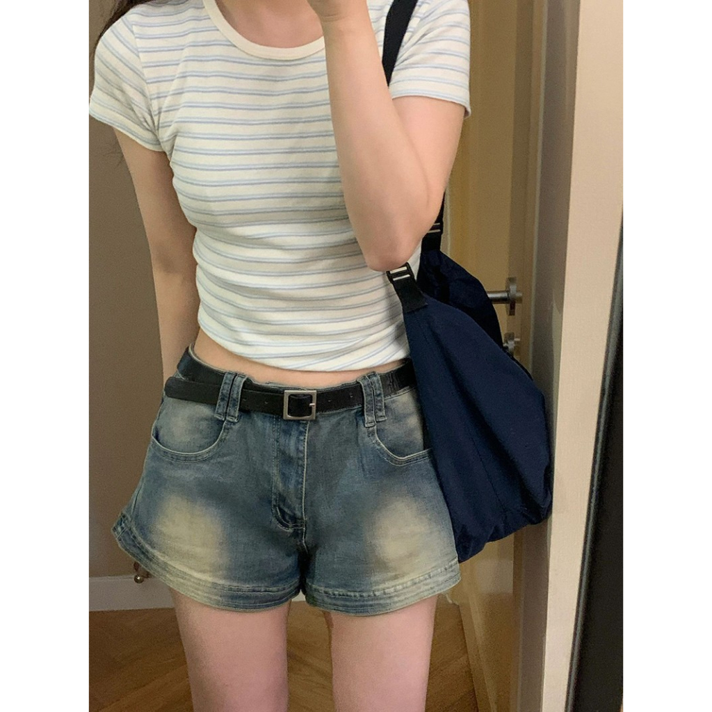 Áo Thun Cotton Cổ Tròn Ngắn Tay Kẻ Sọc Xanh Dương Thoải Mái 64423