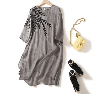 Oversize Cotton Linen Top Nữ Plus Size Nữ Giữa Chiều Dài Mùa Hè Thêu Slit Đầm