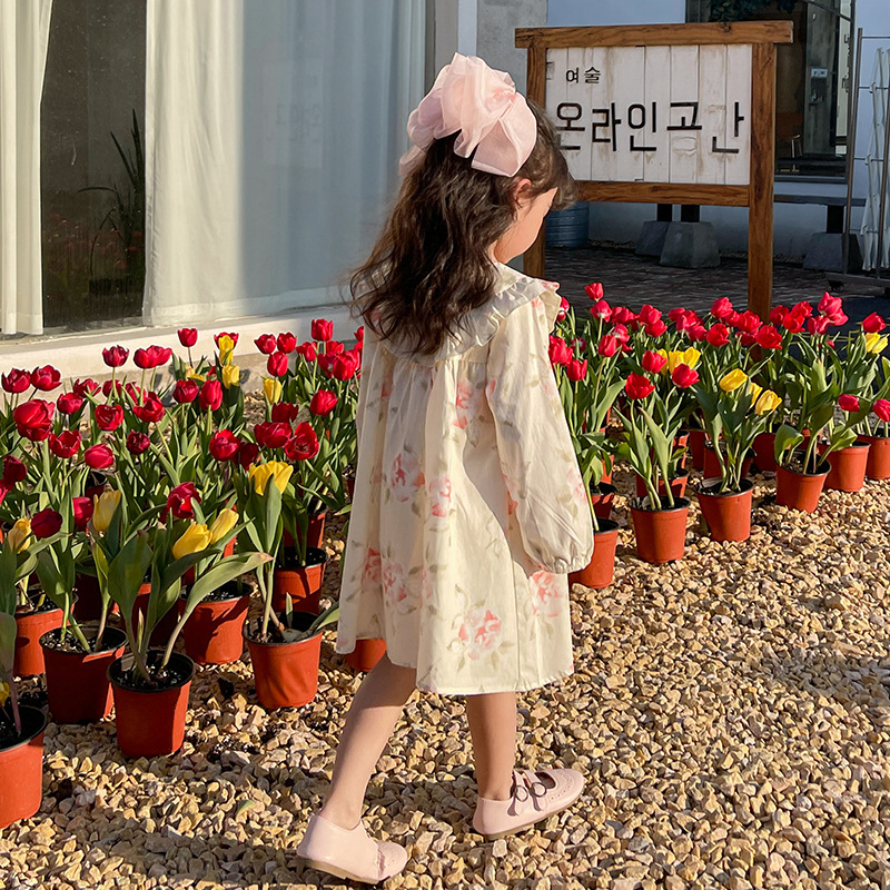 BABEPROUD  Đầm Công Chúa Tay Dài Cổ Tròn In Hoa Nhỏ Dễ Thương Thời Trang Mùa Thu Phong Cách Hàn Quốc Cho Bé Gái 2-9 Tuổi