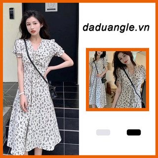 Đầm dáng dài Daduhey dáng chữ A cổ chữ V họa tiết hoa phong cách Pháp thời trang mùa hè cho nữ có size ngoại cỡ