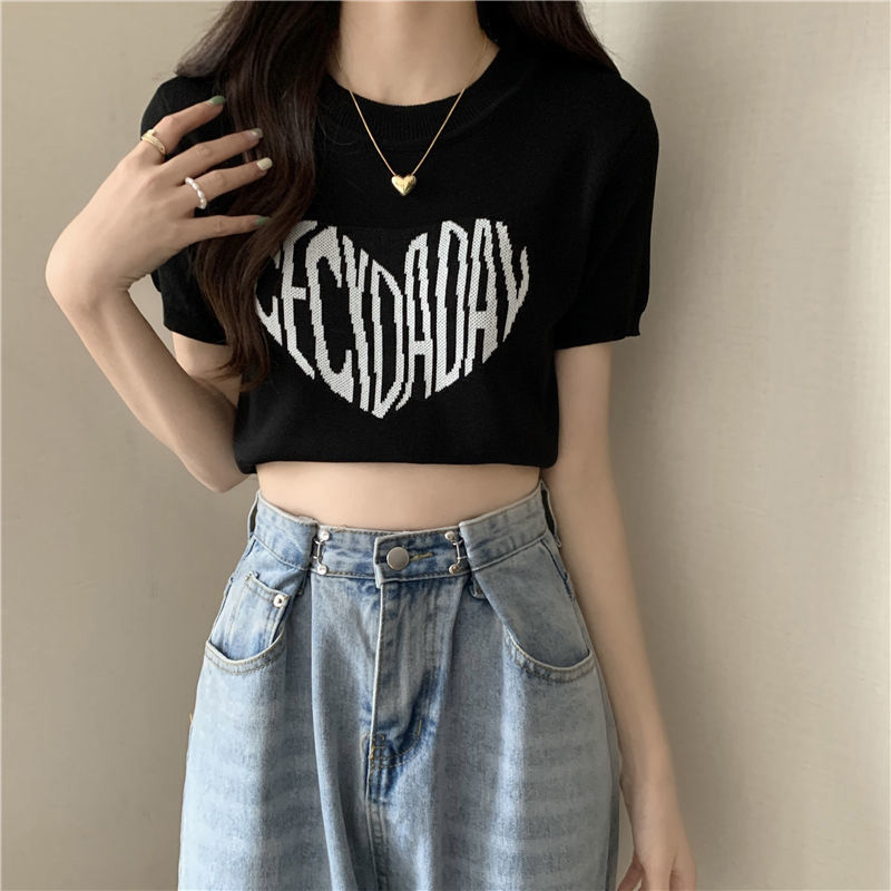 TODOBLACK Áo Thun Croptop Dệt Kim Tay Ngắn In Họa Tiết Kiểu Hàn Quốc Xinh Xắn Cho Nữ