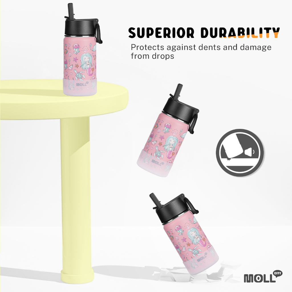 Mollcity Bình Nước Inox 475ml Miệng Rộng Có Ống Hút Chống Tràn Cho Bé