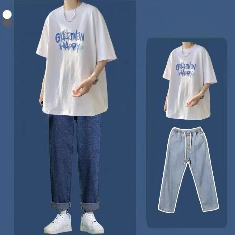 Set Áo Thun Ngắn Tay + Quần jeans Phong Cách Hàn Quốc Thời Trang Cho Nam Áo thun nam+Quần bò baggy nam Quần bò trơn Thích hợp cho cả nam và nữ