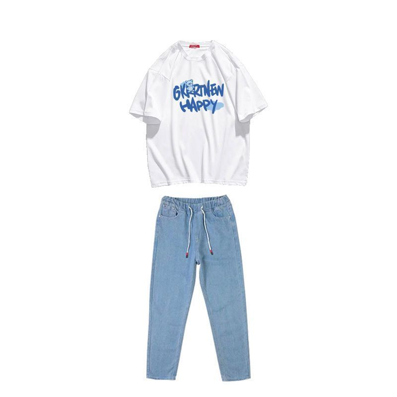 Set Áo Thun Ngắn Tay + Quần jeans Phong Cách Hàn Quốc Thời Trang Cho Nam Áo thun nam+Quần bò baggy nam Quần bò trơn Thích hợp cho cả nam và nữ