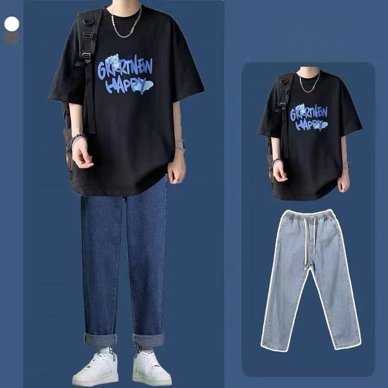 Set Áo Thun Ngắn Tay + Quần jeans Phong Cách Hàn Quốc Thời Trang Cho Nam Áo thun nam+Quần bò baggy nam Quần bò trơn Thích hợp cho cả nam và nữ