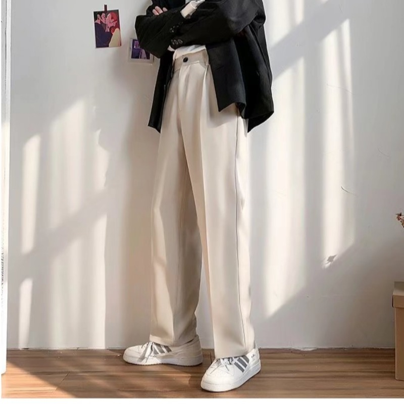 ♞AFF LIGA♞ Quần dài ống suông rộng phối túi và nút cài màu trơn phong cách Hàn Quốc đường phố vintage đơn giản thời trang cho nam