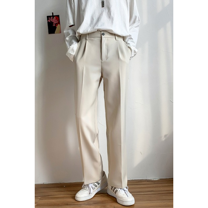 ♞AFF LIGA♞ Quần dài ống suông rộng phối túi và nút cài màu trơn phong cách Hàn Quốc đường phố vintage đơn giản thời trang cho nam