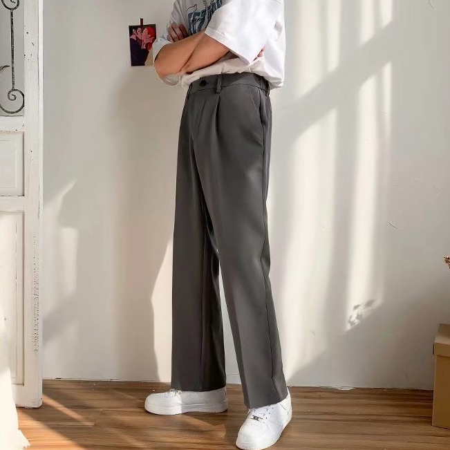 ♞AFF LIGA♞ Quần dài ống suông rộng phối túi và nút cài màu trơn phong cách Hàn Quốc đường phố vintage đơn giản thời trang cho nam