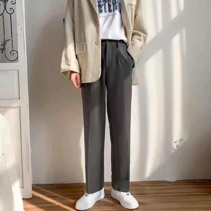 ♞AFF LIGA♞ Quần dài ống suông rộng phối túi và nút cài màu trơn phong cách Hàn Quốc đường phố vintage đơn giản thời trang cho nam