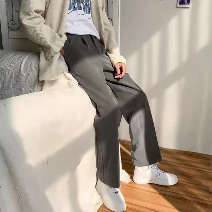 ♞AFF LIGA♞ Quần dài ống suông rộng phối túi và nút cài màu trơn phong cách Hàn Quốc đường phố vintage đơn giản thời trang cho nam