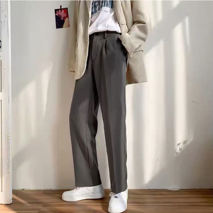 ♞AFF LIGA♞ Quần dài ống suông rộng phối túi và nút cài màu trơn phong cách Hàn Quốc đường phố vintage đơn giản thời trang cho nam