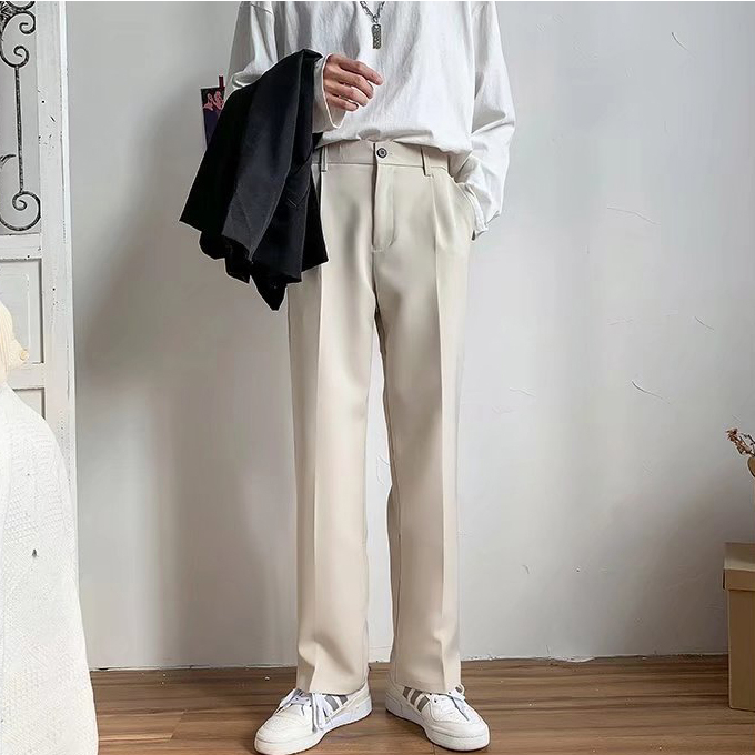 ♞AFF LIGA♞ Quần dài ống suông rộng phối túi và nút cài màu trơn phong cách Hàn Quốc đường phố vintage đơn giản thời trang cho nam
