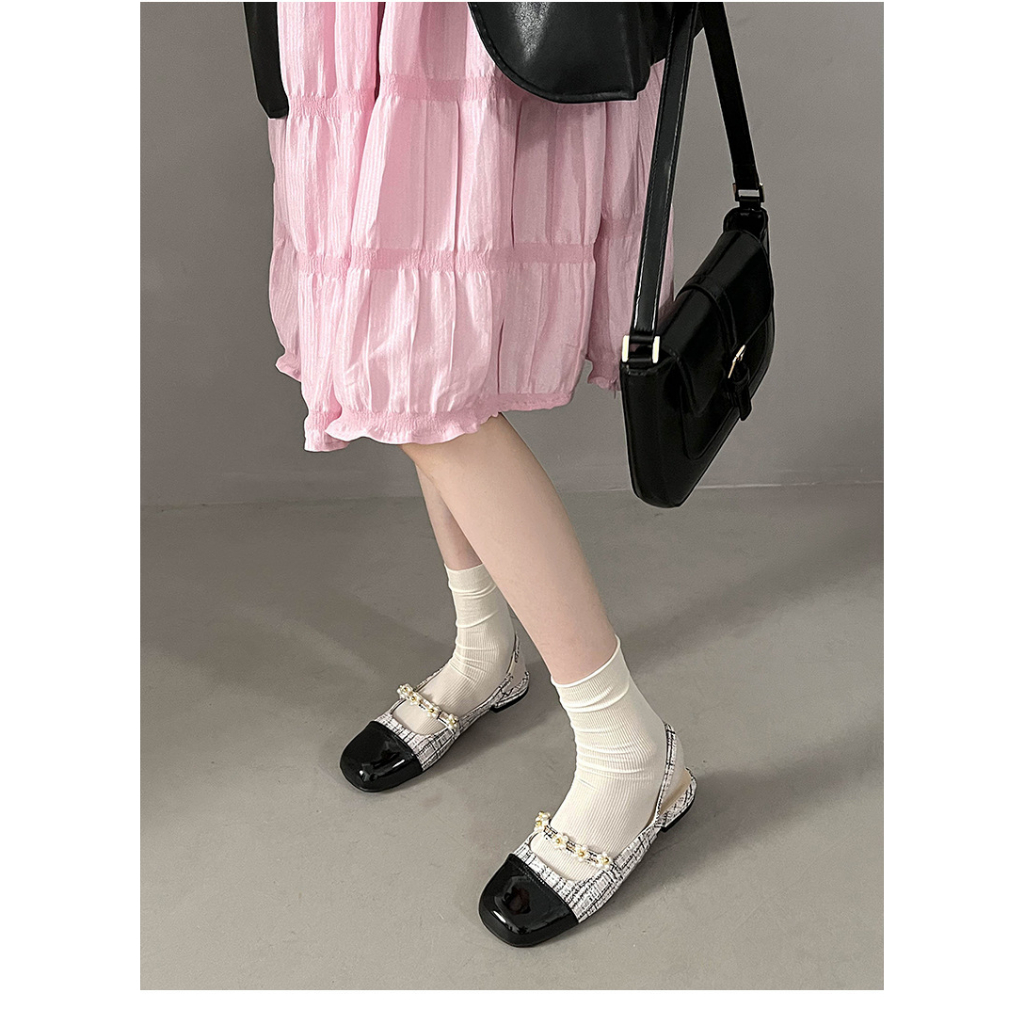 Qinos Sandal Mũi Vuông Hở Lưng Đính Ngọc Trai Phong Cách Hàn Quốc