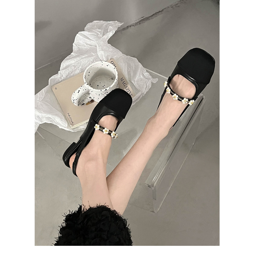 Qinos Sandal Mũi Vuông Hở Lưng Đính Ngọc Trai Phong Cách Hàn Quốc