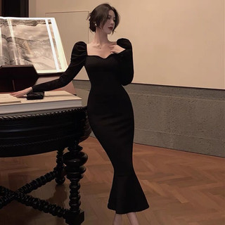 Elegant French Fashion French Style Long Sleeve Square Collar Fishtail Dress for Women