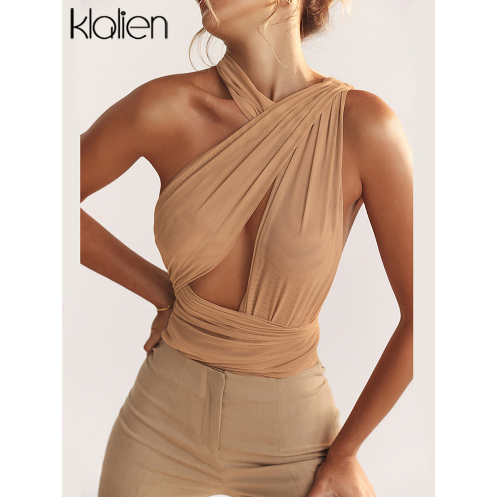 Klalien Bộ Áo Liền Quần Lưới Ôm Sát Khoét Rỗng Không Tay Màu Trơn Quyến Rũ Dành Cho Nữ Mặc Thường Ngày Mới