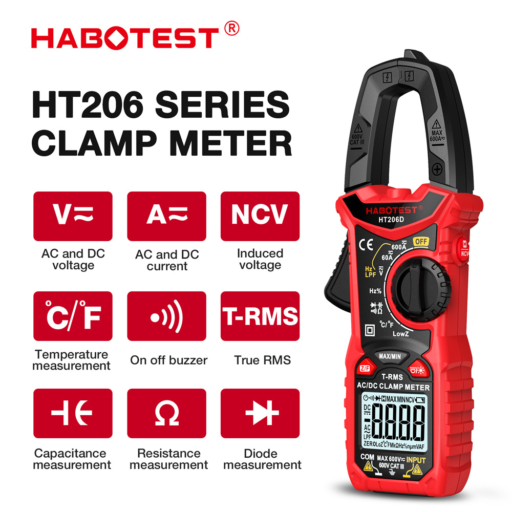 HABOTEST HT206 Đồng hồ vạn năng kỹ thuật số 600V AC/DC 6000 600A Amp Hz tự động kiểm tra điện áp liên tục
