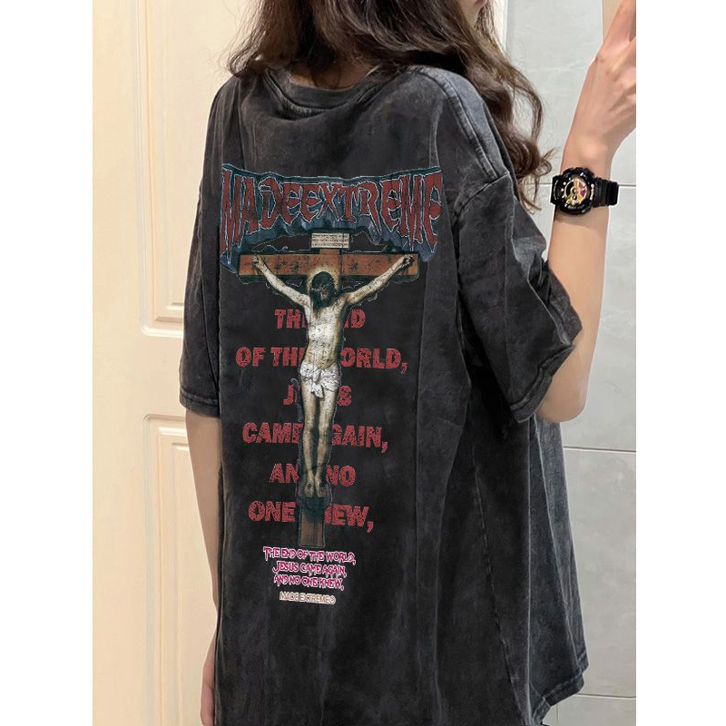 POFLORET Áo Thun unisex 100% cotton Ngắn Tay Phong Cách Mỹ Thời Trang Mùa Hè Cho Nữ