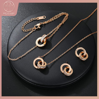 Besfome Bộ Trang Sức Vòng Cổ Vòng Tay Bông Tai Dây Xích Đôi Bằng Thép Titan Khảm Đá Màu Vàng Hồng Chất Lượng Cao Không Phai Chất Lượng Cao Thời Trang